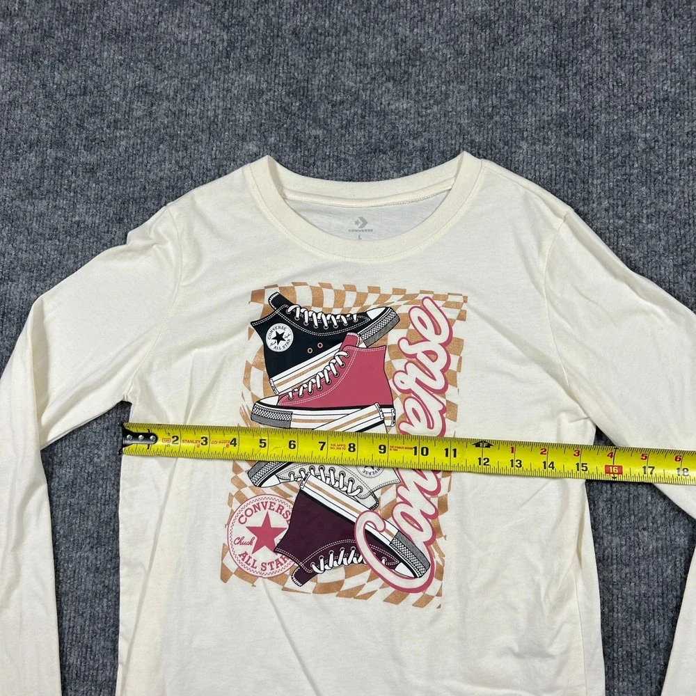 Converse T Shirt Kids Large 12-13 Beige Cotton Stacked Sneaker Graphic Print Y2k